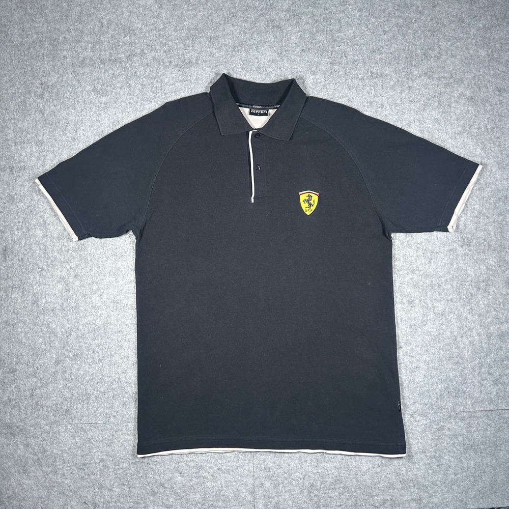Vintage Ferrari Polo Shirt Mens Large Black Scuderia Shield Racing Formula 1 90s